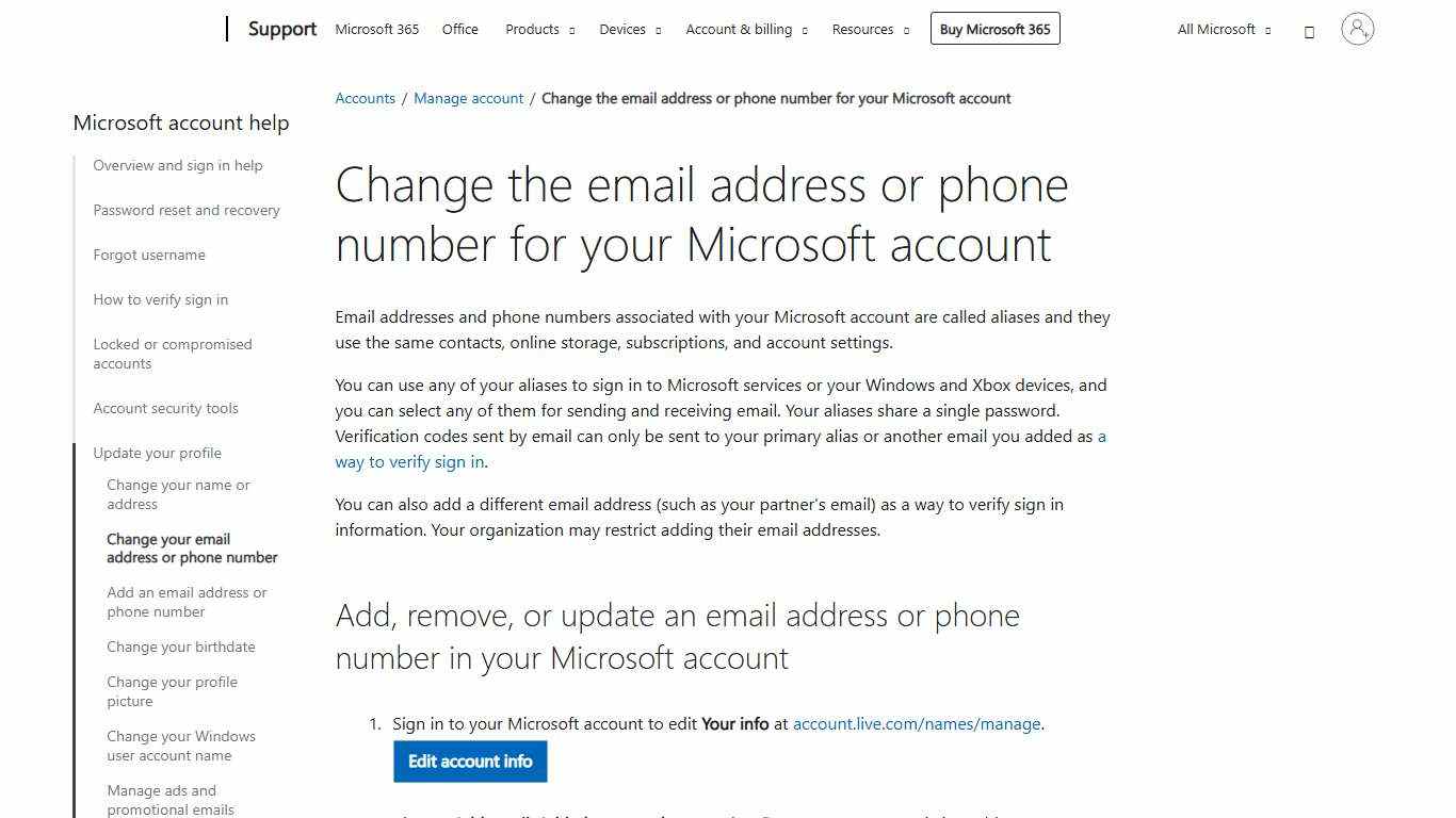 Change the email address or phone number for your Microsoft account - Microsoft Support